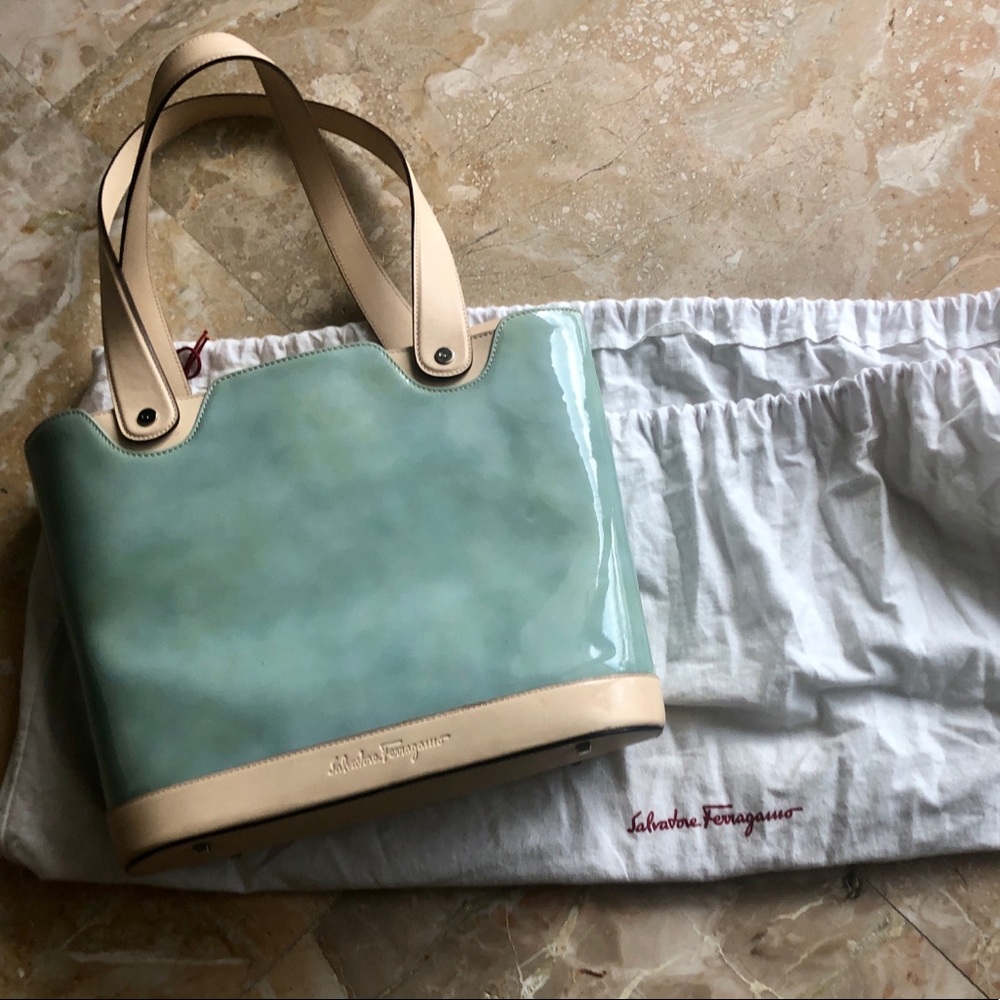Ferragamo aqua patent leather bag